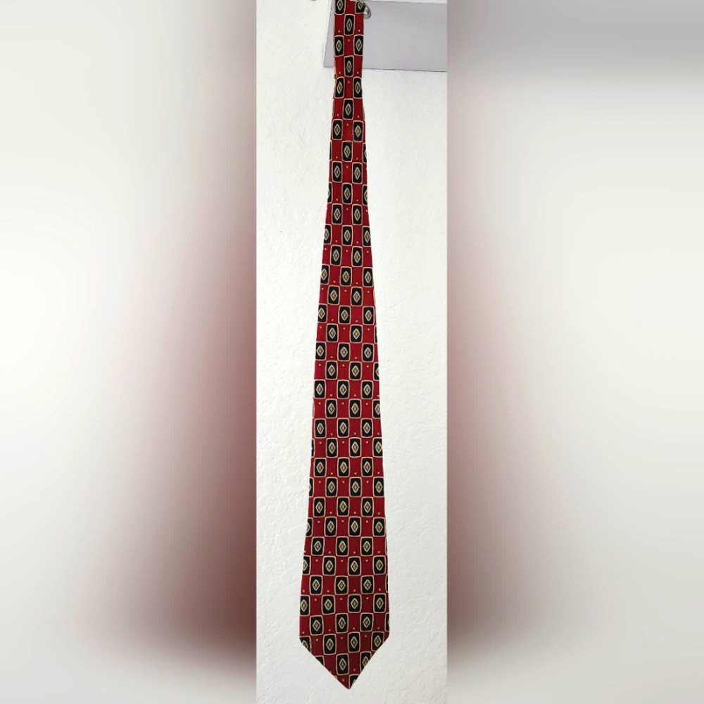 TOMMY HILFIGER Vintage Red & Black Italian Silk Geometric Tie